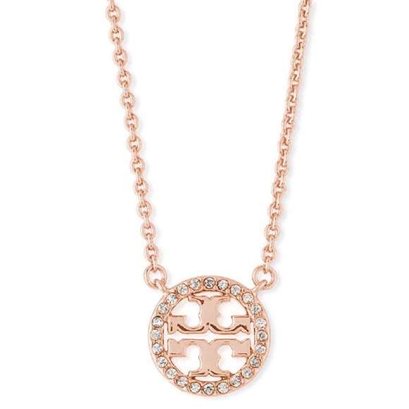 TORY BURCH • Rose Gold Delicate Crystal Logo Miller Necklace - Picture 7 of 9
